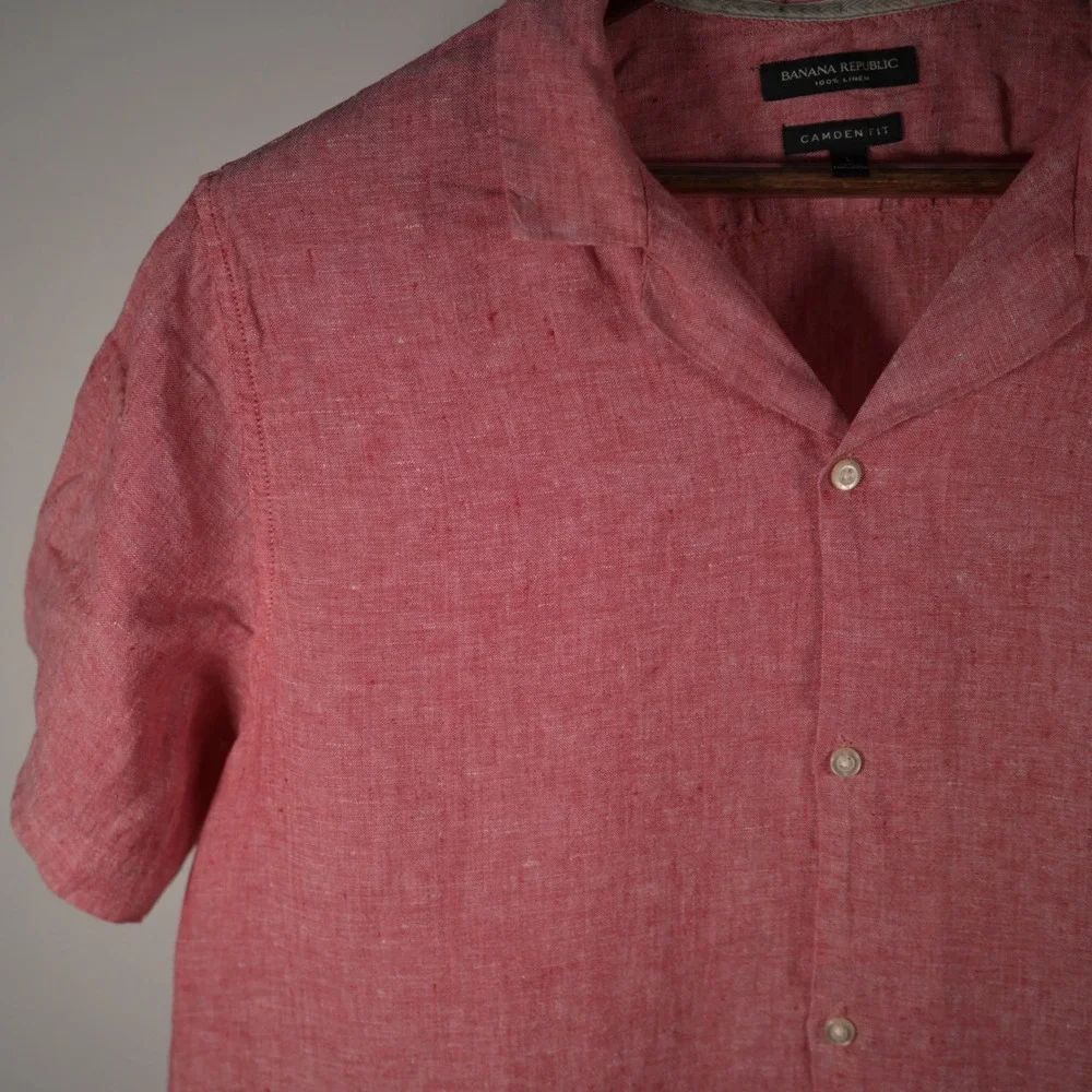 Banana Republic Mens Red 100% Linen Camden Fit Short Sleeve Camp Shirt Large